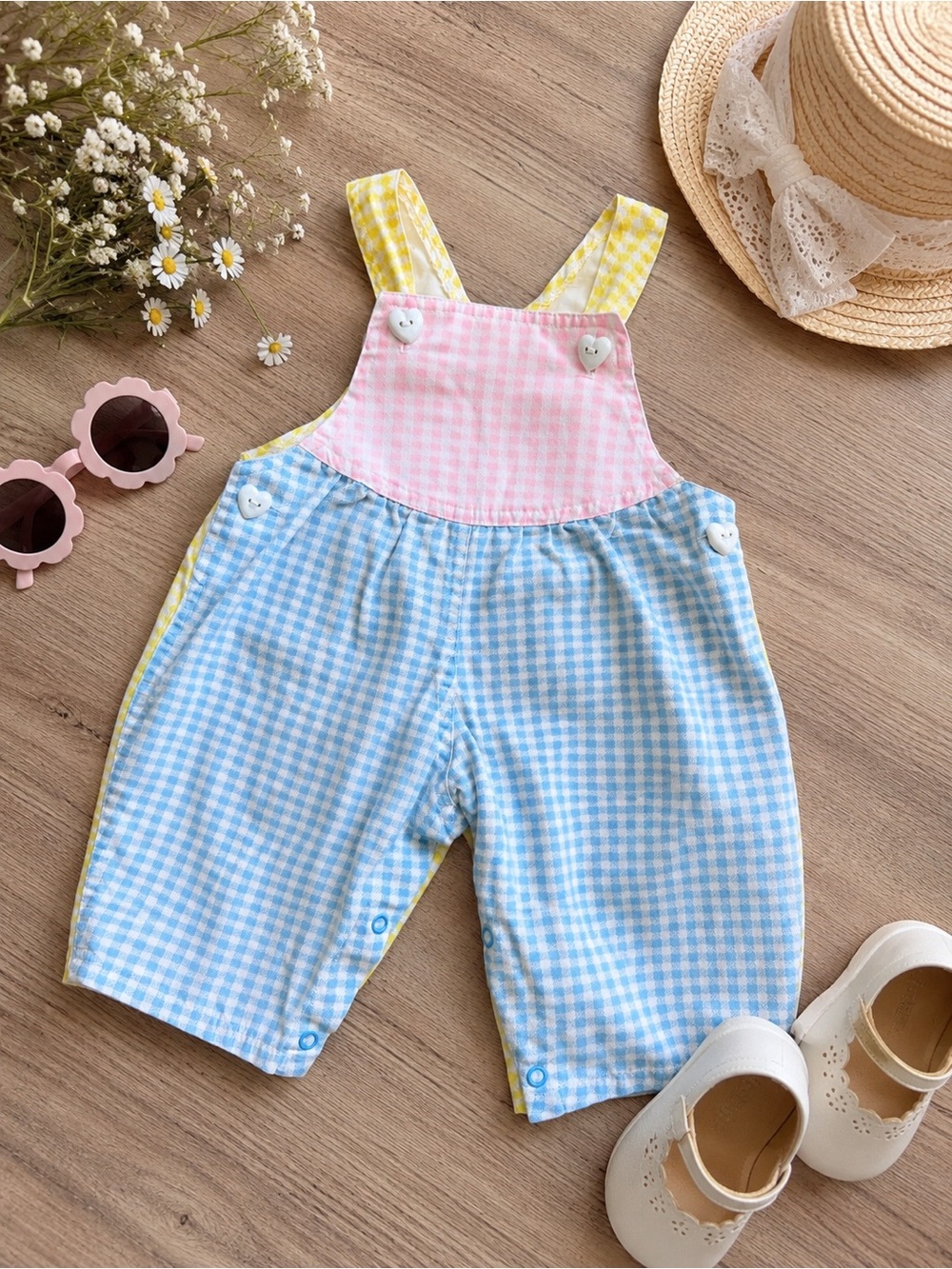 Vintage Colorblock Gingham Kids Overalls - Pink, Blue & Yellow 0-6M